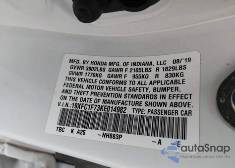 2019 Honda Civic Ex-L z USA, uszkodzony, nr VIN 19XFC1F73KE014982